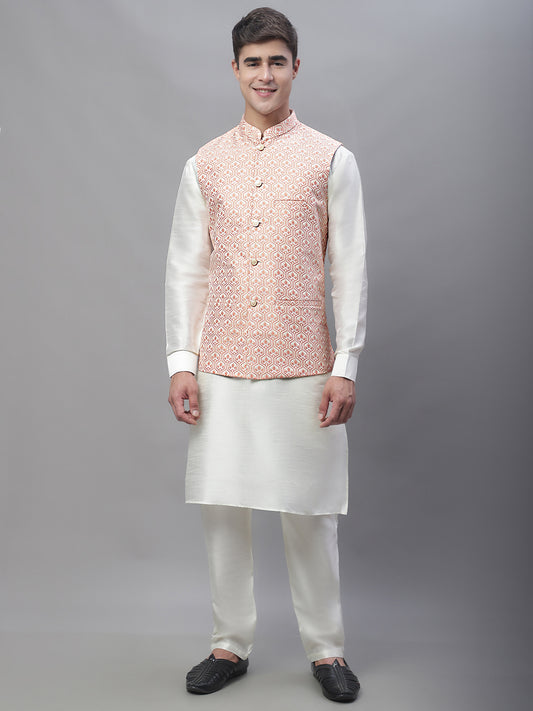 Solid Kurta Pyjama with Woven Design Nehru Jacket ( ANMKPWC 110W 7003Peach )