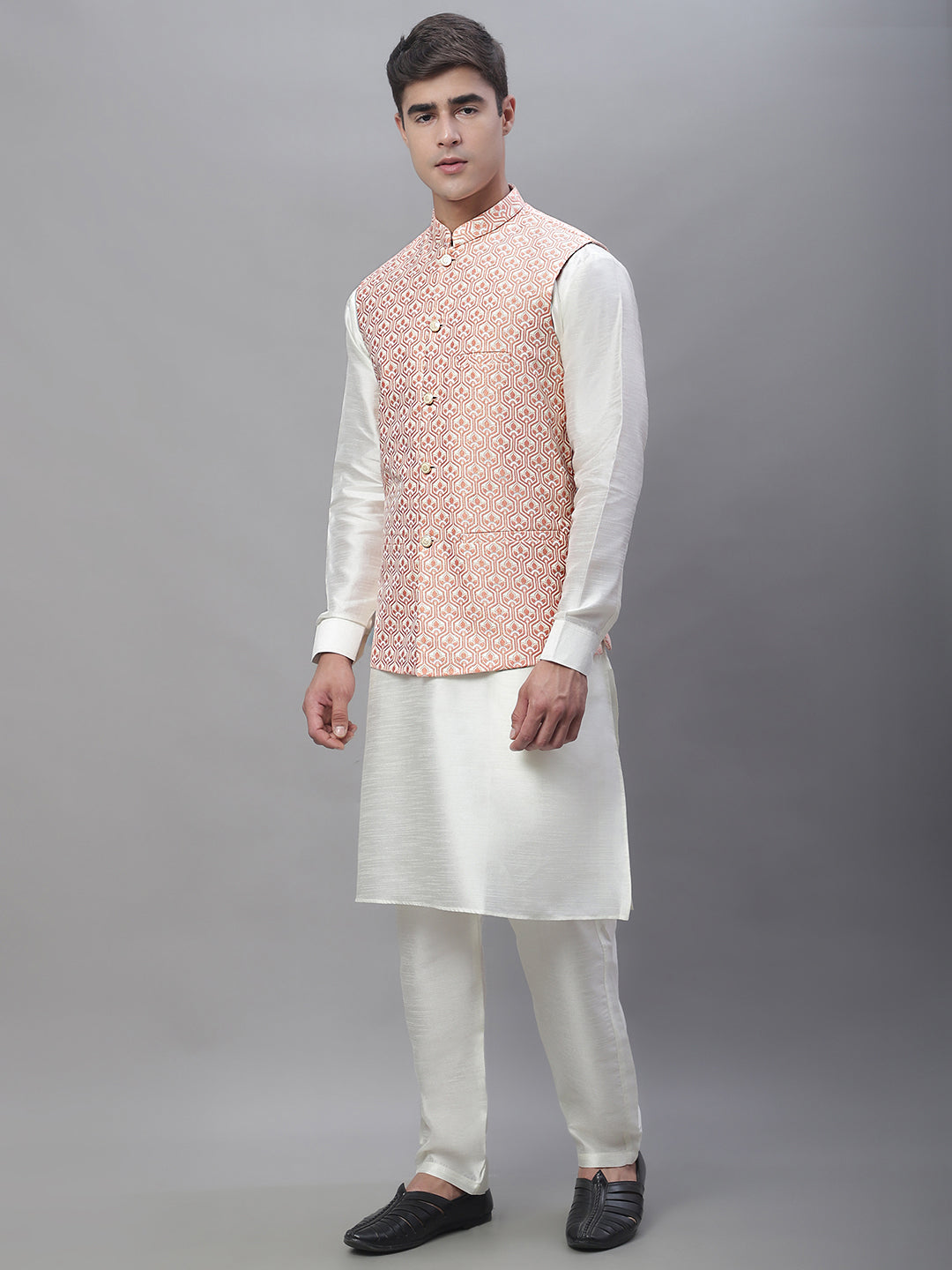 Solid Kurta Pyjama with Woven Design Nehru Jacket ( ANMKPWC 110W 7003Peach )