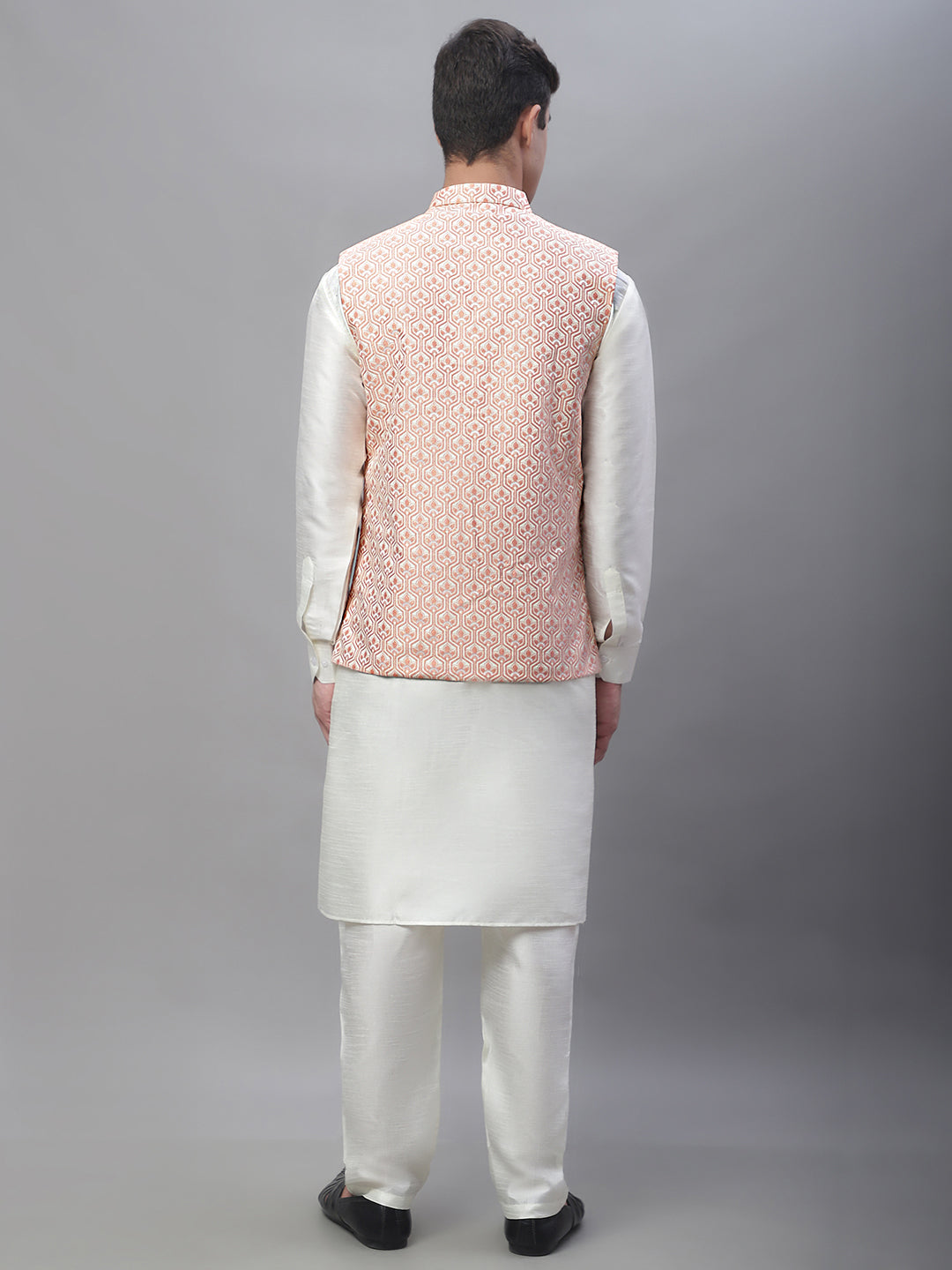 Solid Kurta Pyjama with Woven Design Nehru Jacket ( ANMKPWC 110W 7003Peach )