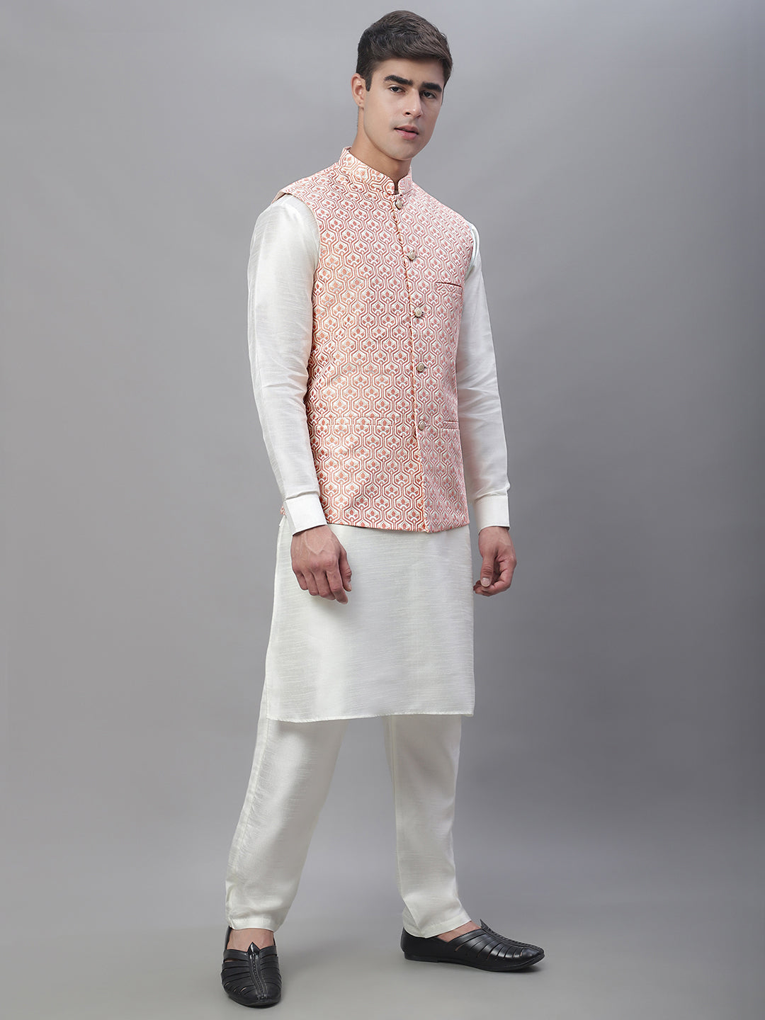 Solid Kurta Pyjama with Woven Design Nehru Jacket ( ANMKPWC 110W 7003Peach )