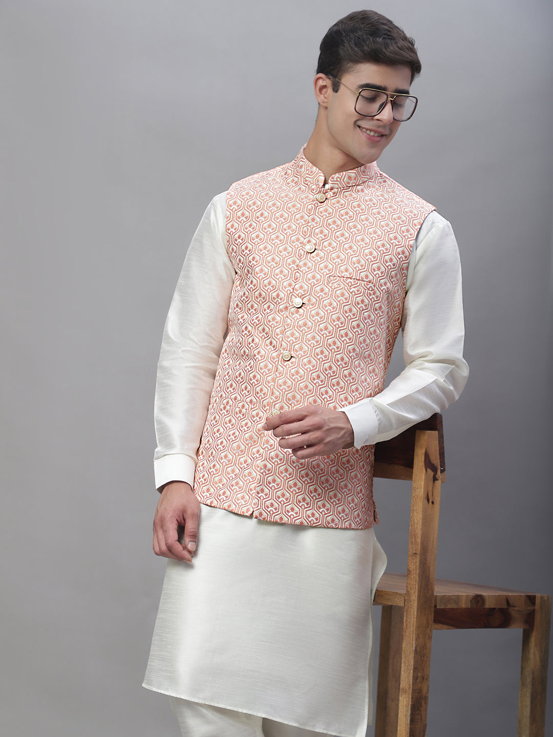Solid Kurta Pyjama with Woven Design Nehru Jacket ( ANMKPWC 110W 7003Peach )