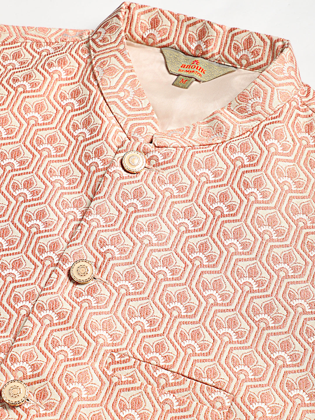 Solid Kurta Pyjama with Woven Design Nehru Jacket ( ANMKPWC 110W 7003Peach )