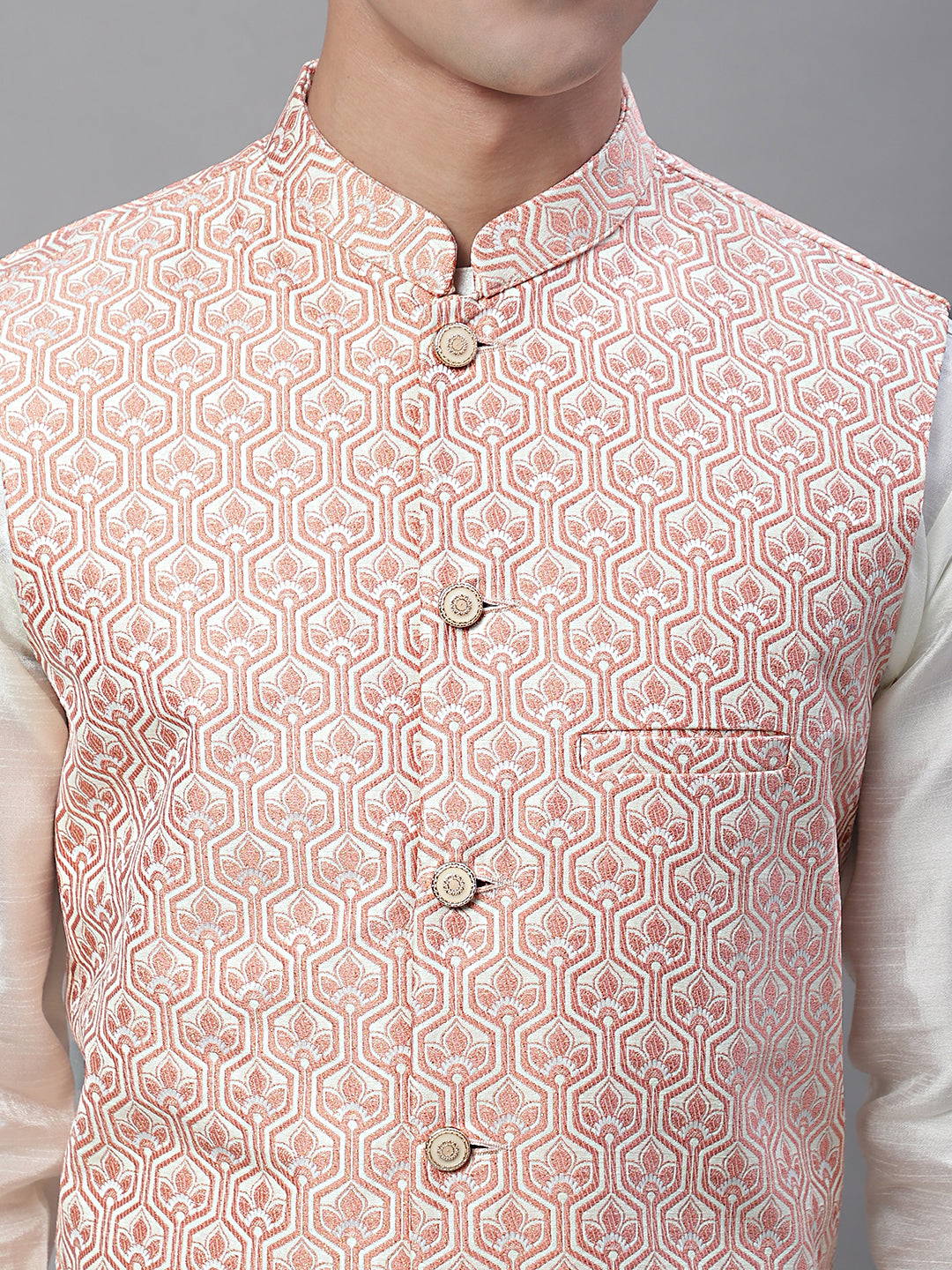 Solid Kurta Pyjama with Woven Design Nehru Jacket ( ANMKPWC 110W 7003Peach )
