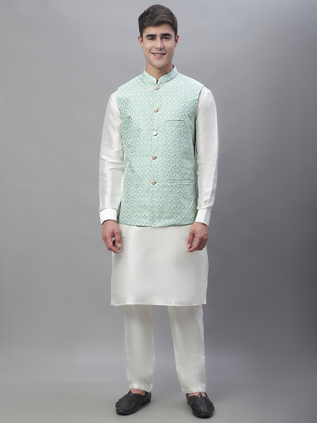 Solid Kurta Pyjama with Woven Design Nehru Jacket ( ANMKPWC 110W 7003Sky )