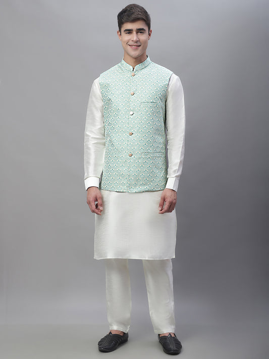 Solid Kurta Pyjama with Woven Design Nehru Jacket ( ANMKPWC 110W 7003Sky )