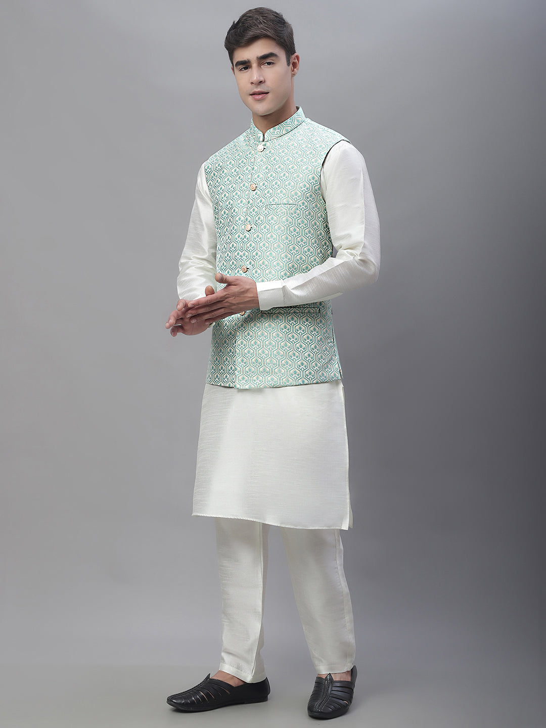 Solid Kurta Pyjama with Woven Design Nehru Jacket ( ANMKPWC 110W 7003Sky )