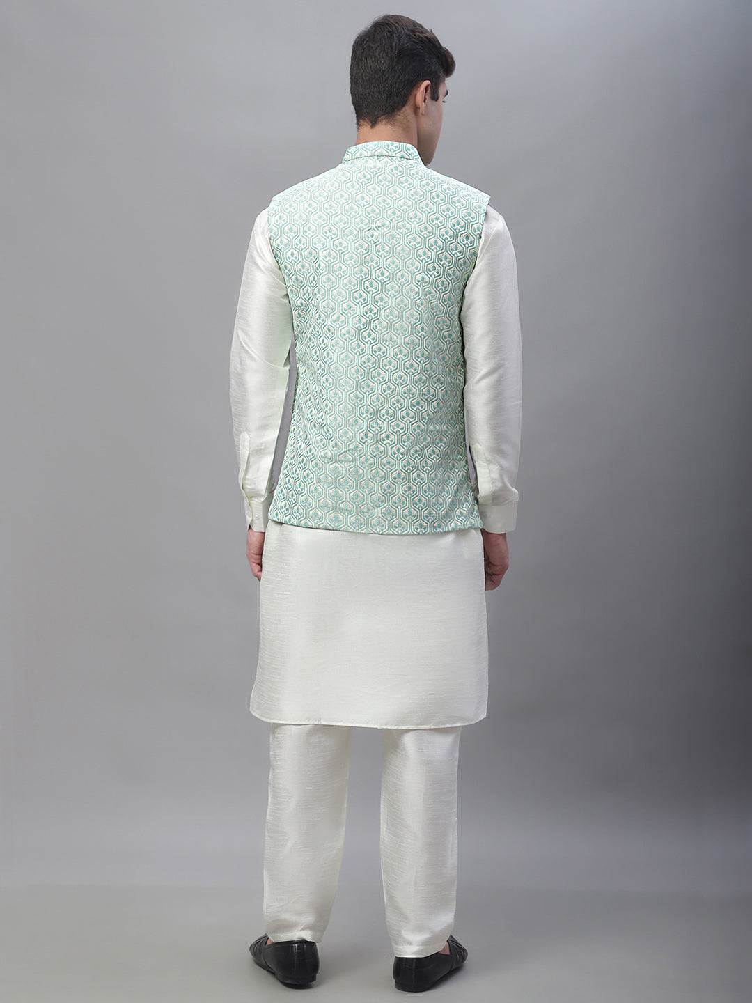 Solid Kurta Pyjama with Woven Design Nehru Jacket ( ANMKPWC 110W 7003Sky )