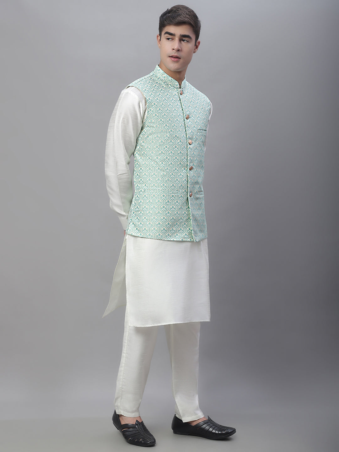 Solid Kurta Pyjama with Woven Design Nehru Jacket ( ANMKPWC 110W 7003Sky )