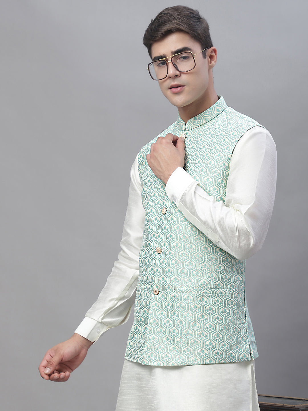 Solid Kurta Pyjama with Woven Design Nehru Jacket ( ANMKPWC 110W 7003Sky )