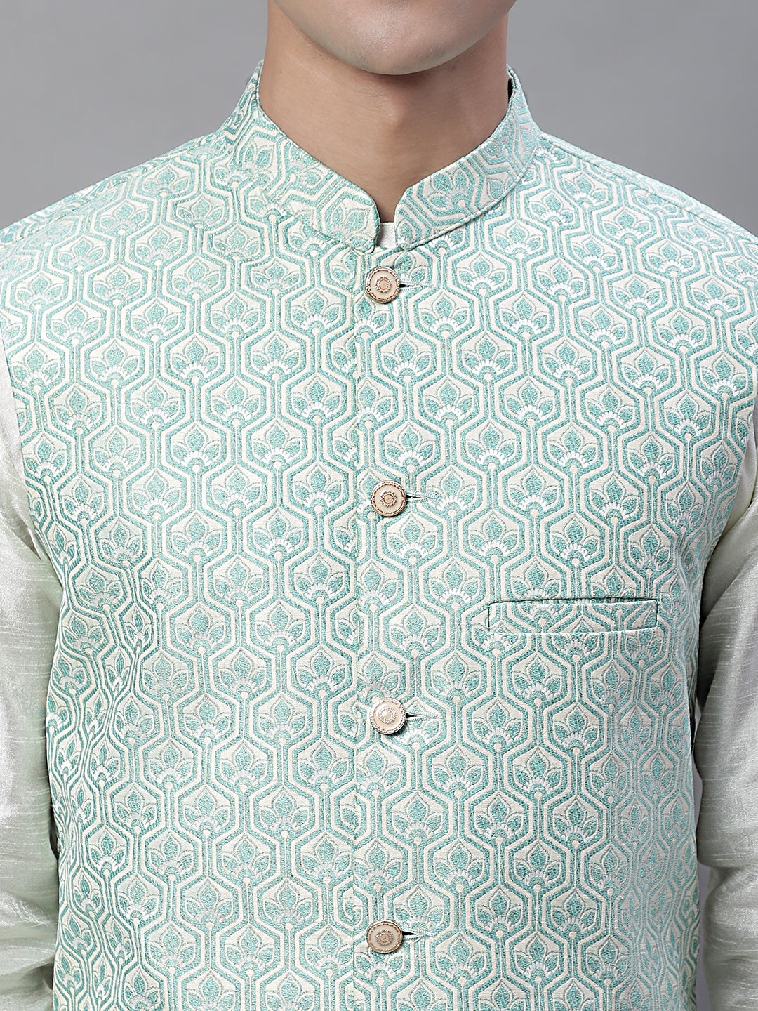 Solid Kurta Pyjama with Woven Design Nehru Jacket ( ANMKPWC 110W 7003Sky )