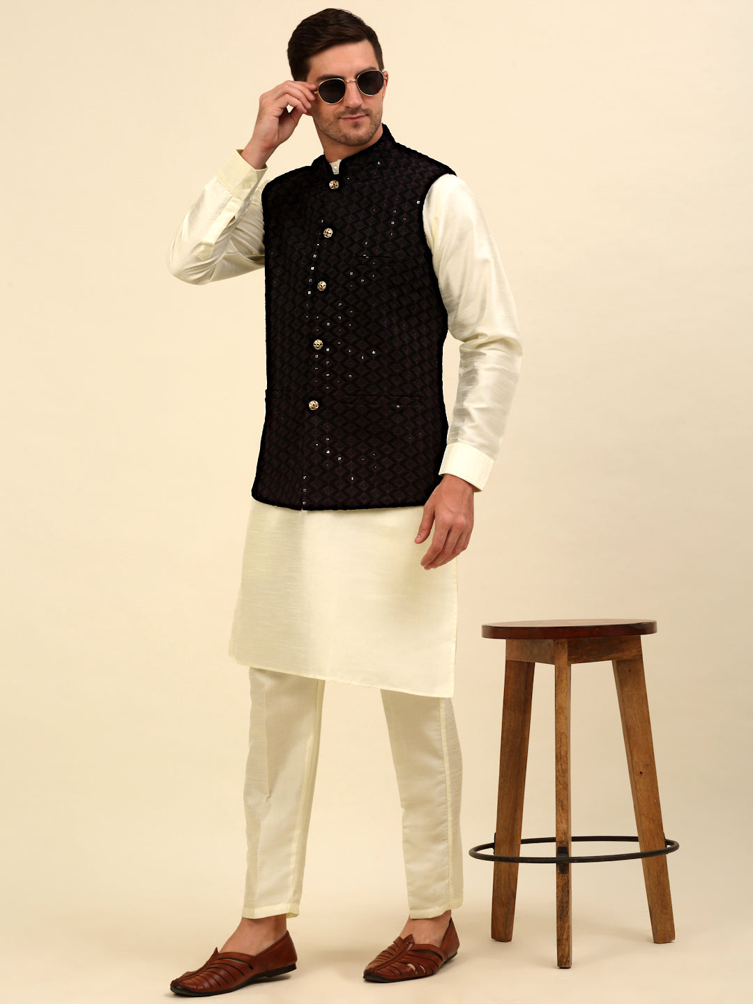 Embroidered and Sequin Nehru Jacket With Solid Kurta Pyjama ( ANMKPWC 110W 7004Black )