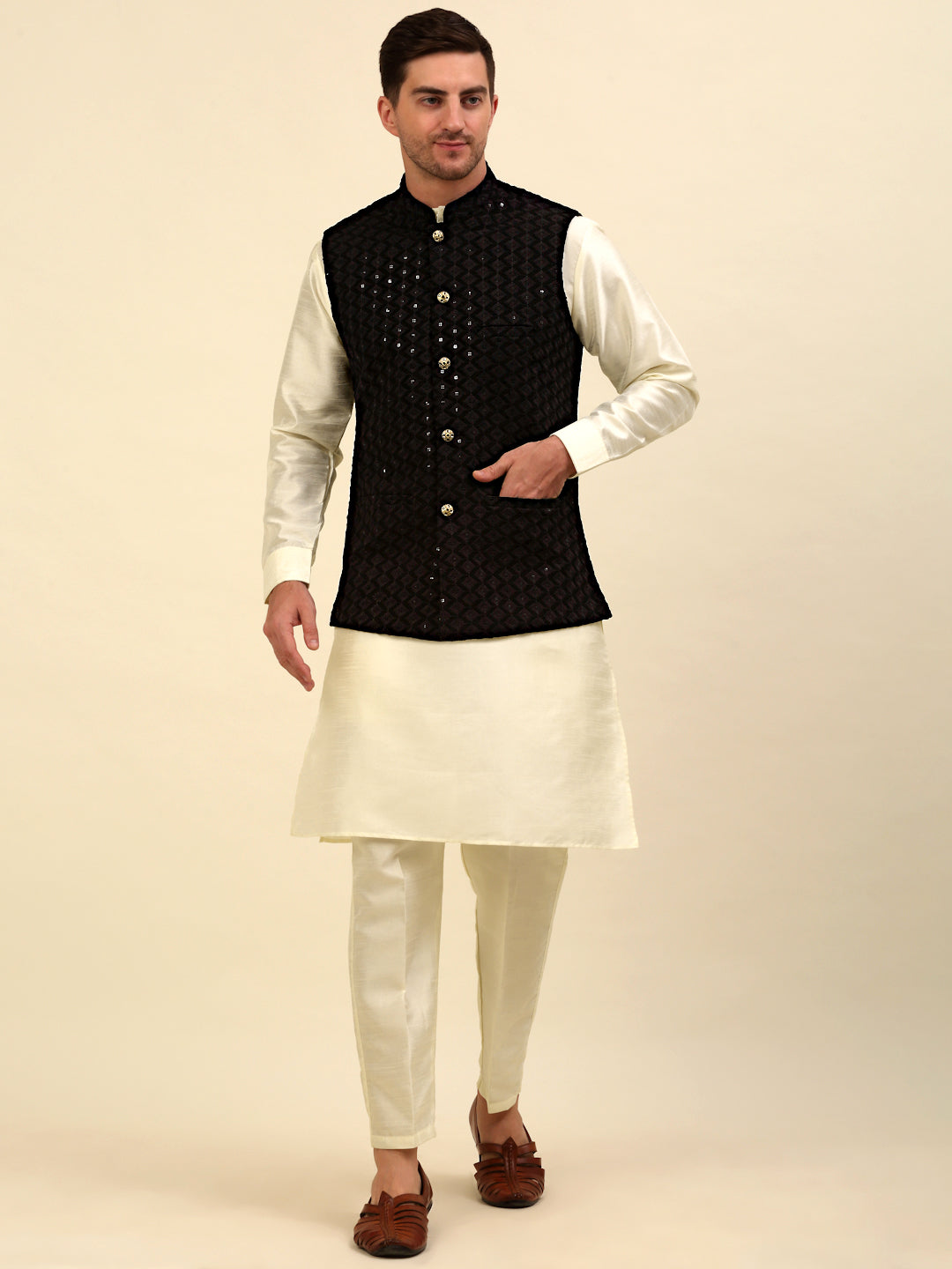 Embroidered and Sequin Nehru Jacket With Solid Kurta Pyjama ( ANMKPWC 110W 7004Black )