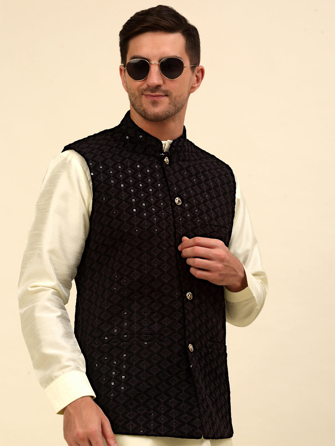 Embroidered and Sequin Nehru Jacket With Solid Kurta Pyjama ( ANMKPWC 110W 7004Black )