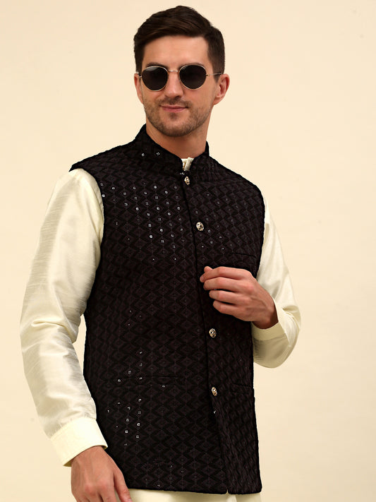 Embroidered and Sequin Nehru Jacket With Solid Kurta Pyjama ( ANMKPWC 110W 7004Black )