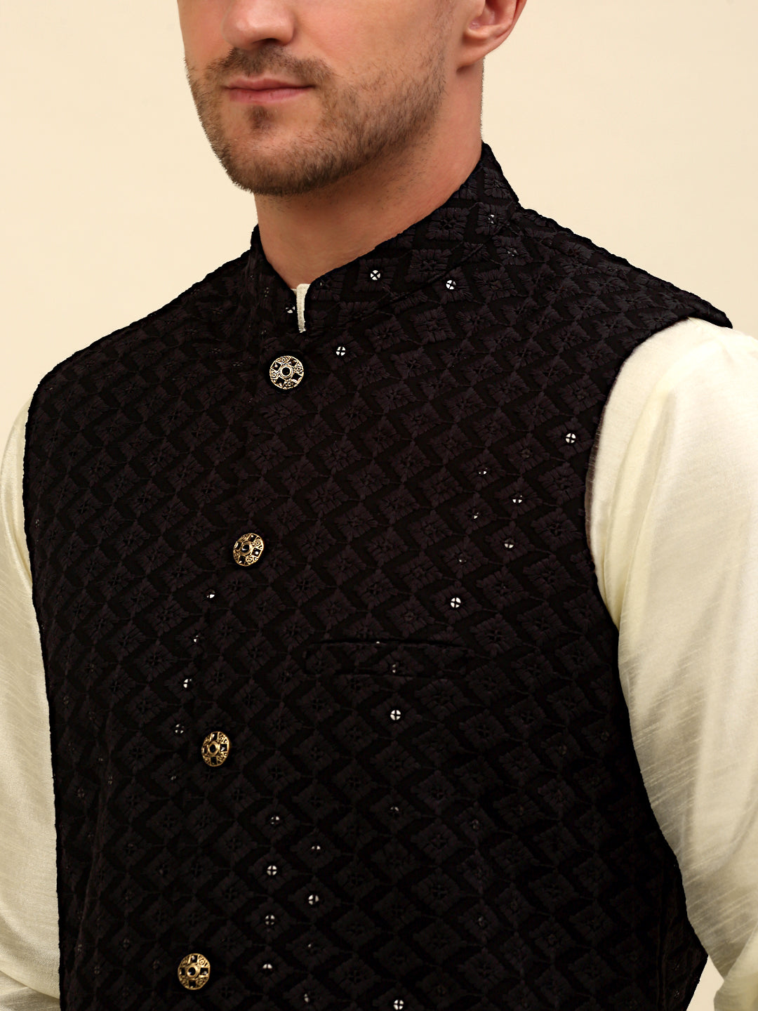 Embroidered and Sequin Nehru Jacket With Solid Kurta Pyjama ( ANMKPWC 110W 7004Black )