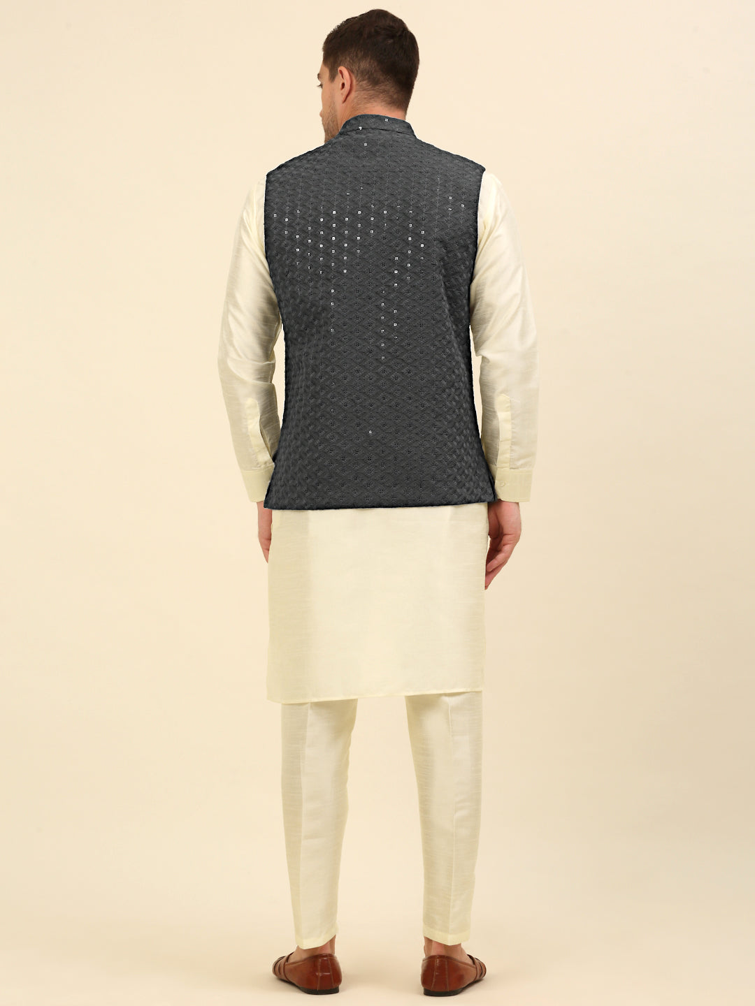 Embroidered and Sequin Nehru Jacket With Solid Kurta Pyjama ( ANMKPWC 110W 7004Grey )