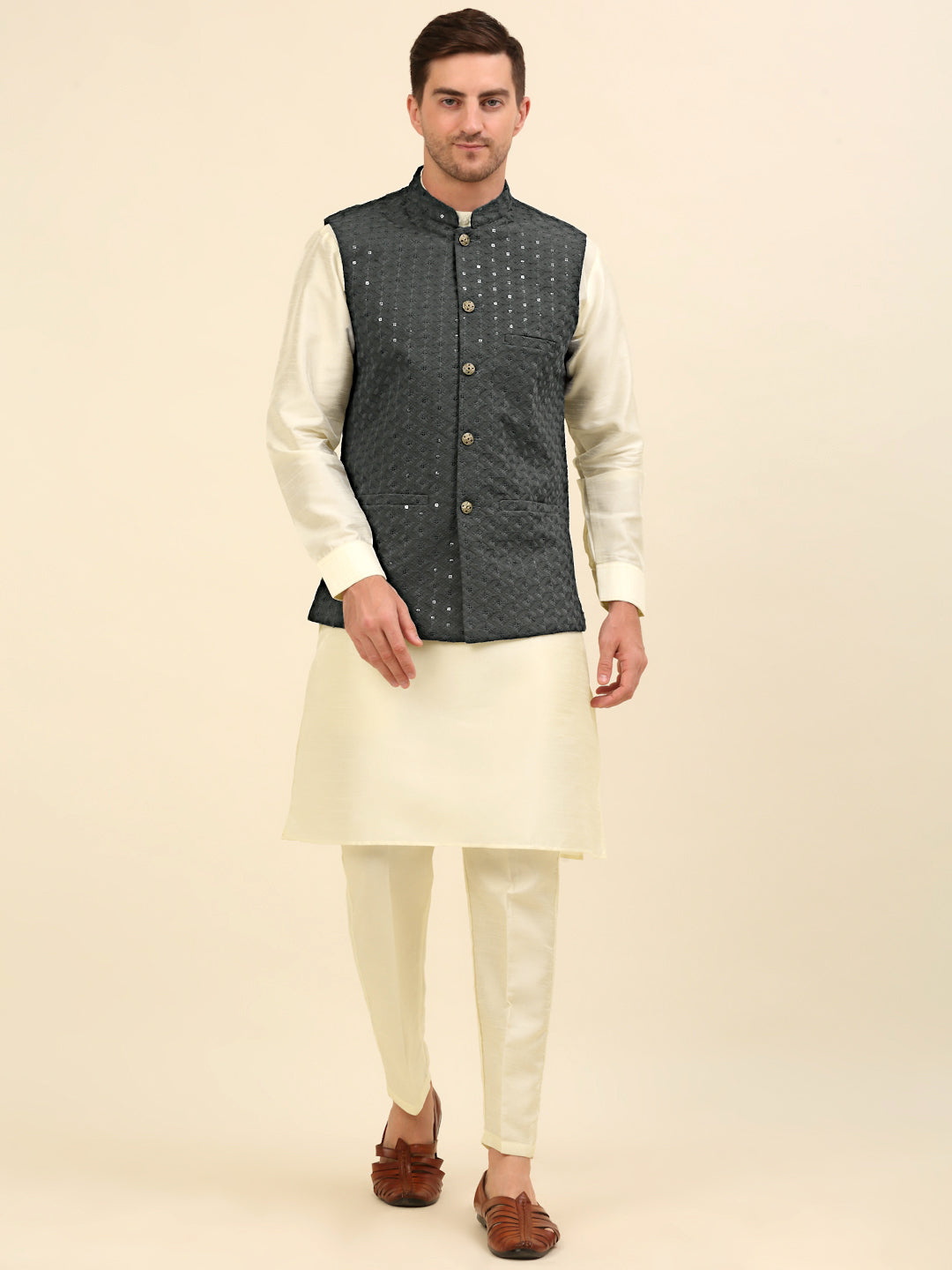Embroidered and Sequin Nehru Jacket With Solid Kurta Pyjama ( ANMKPWC 110W 7004Grey )