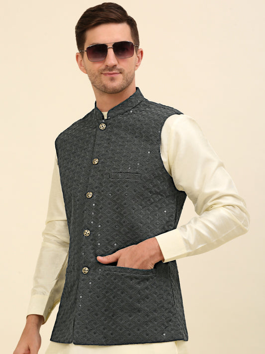 Embroidered and Sequin Nehru Jacket With Solid Kurta Pyjama ( ANMKPWC 110W 7004Grey )