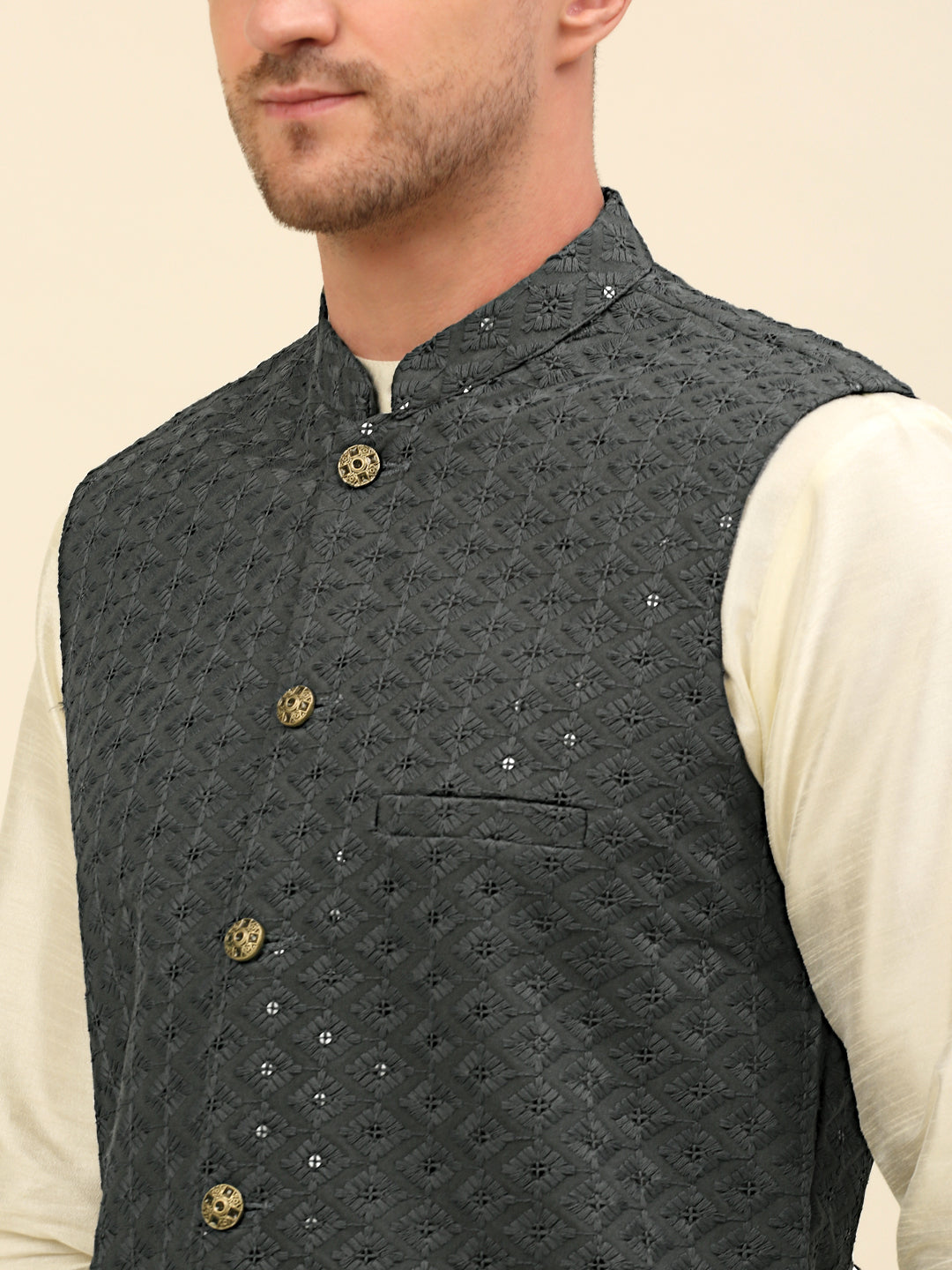 Embroidered and Sequin Nehru Jacket With Solid Kurta Pyjama ( ANMKPWC 110W 7004Grey )