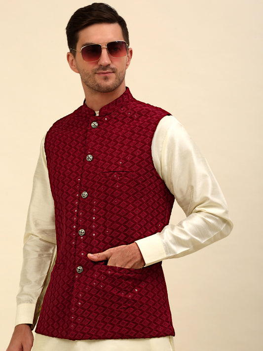 Embroidered and Sequin Nehru Jacket With Solid Kurta Pyjama ( ANMKPWC 110W 7004Maroon )