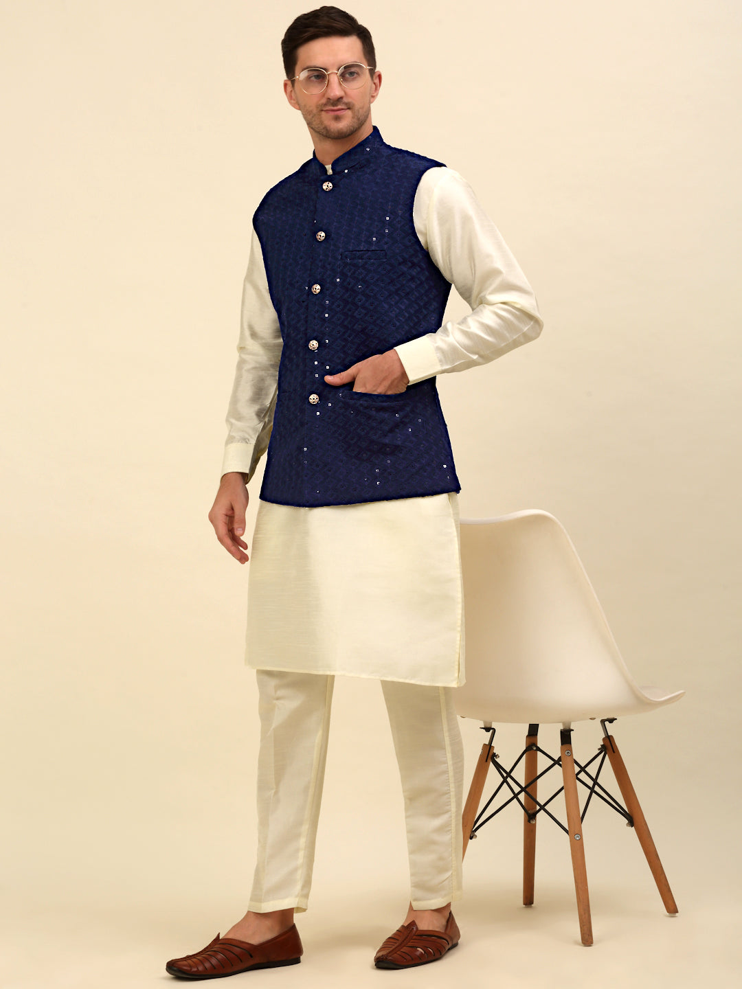 Embroidered and Sequin Nehru Jacket With Solid Kurta Pyjama ( ANMKPWC 110W 7004Navy )