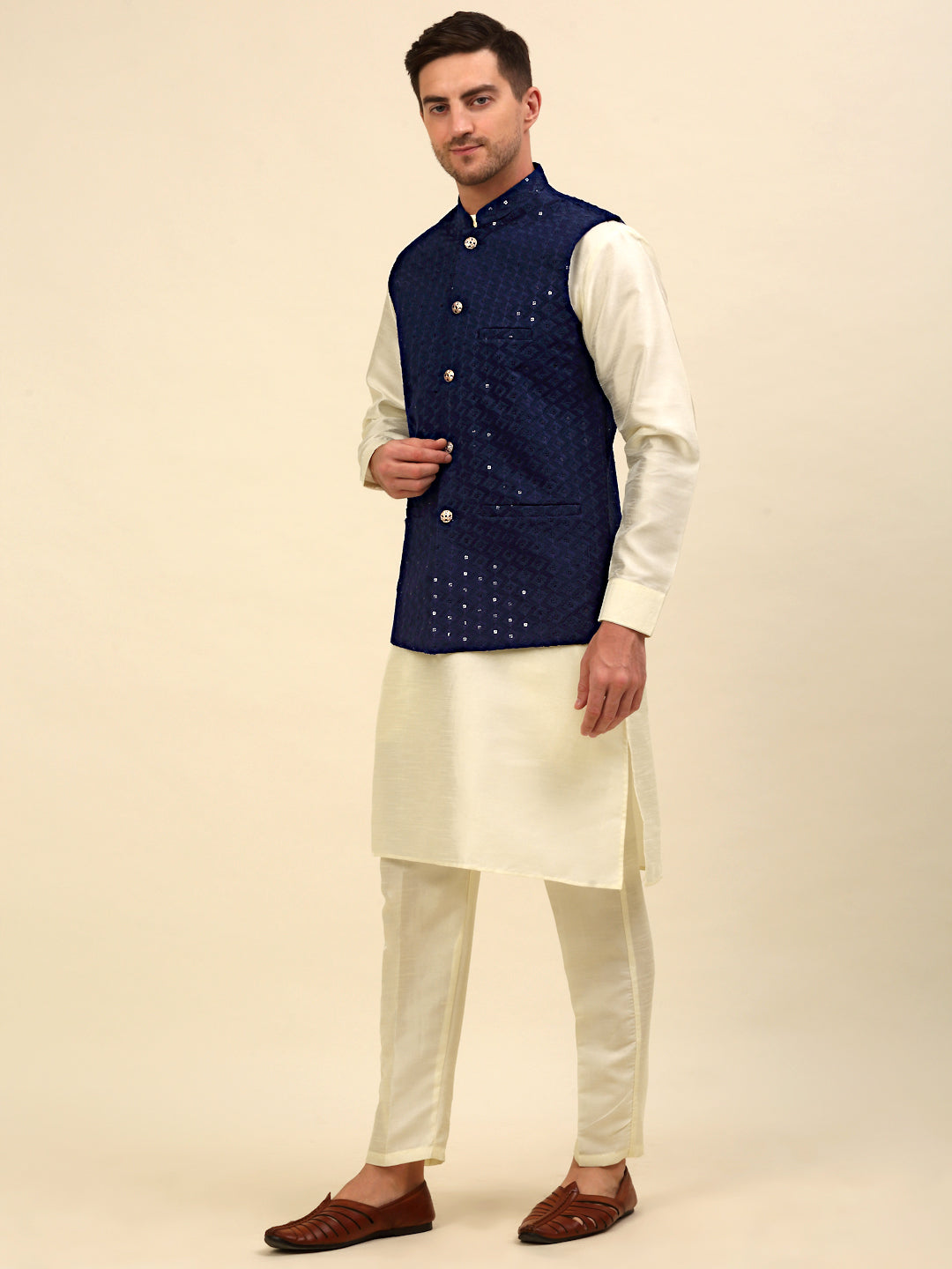 Embroidered and Sequin Nehru Jacket With Solid Kurta Pyjama ( ANMKPWC 110W 7004Navy )
