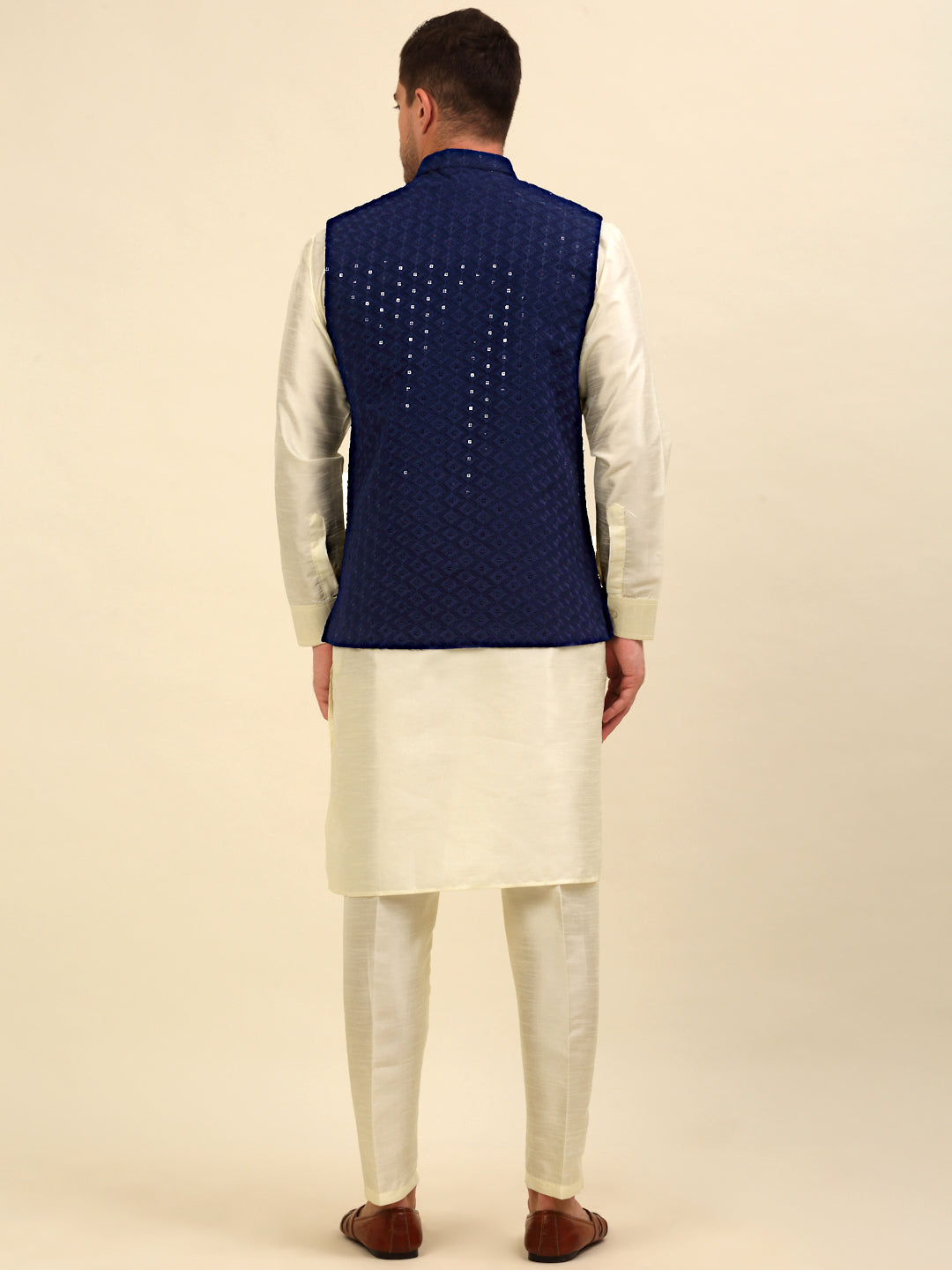 Embroidered and Sequin Nehru Jacket With Solid Kurta Pyjama ( ANMKPWC 110W 7004Navy )