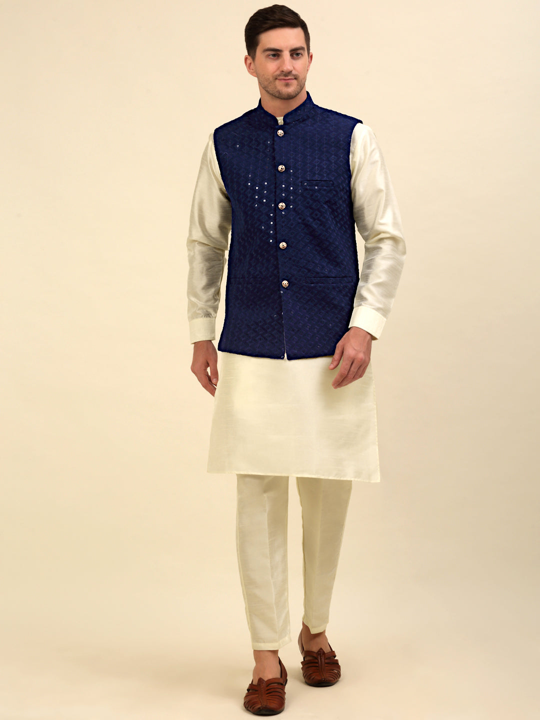 Embroidered and Sequin Nehru Jacket With Solid Kurta Pyjama ( ANMKPWC 110W 7004Navy )
