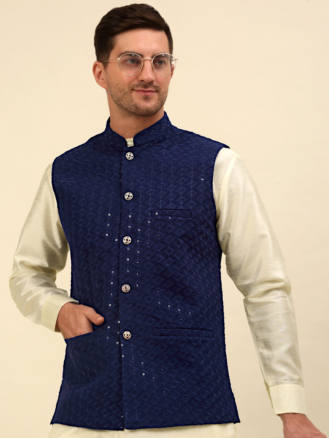 Embroidered and Sequin Nehru Jacket With Solid Kurta Pyjama ( ANMKPWC 110W 7004Navy )