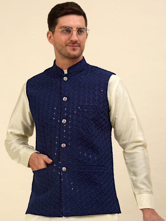 Embroidered and Sequin Nehru Jacket With Solid Kurta Pyjama ( ANMKPWC 110W 7004Navy )