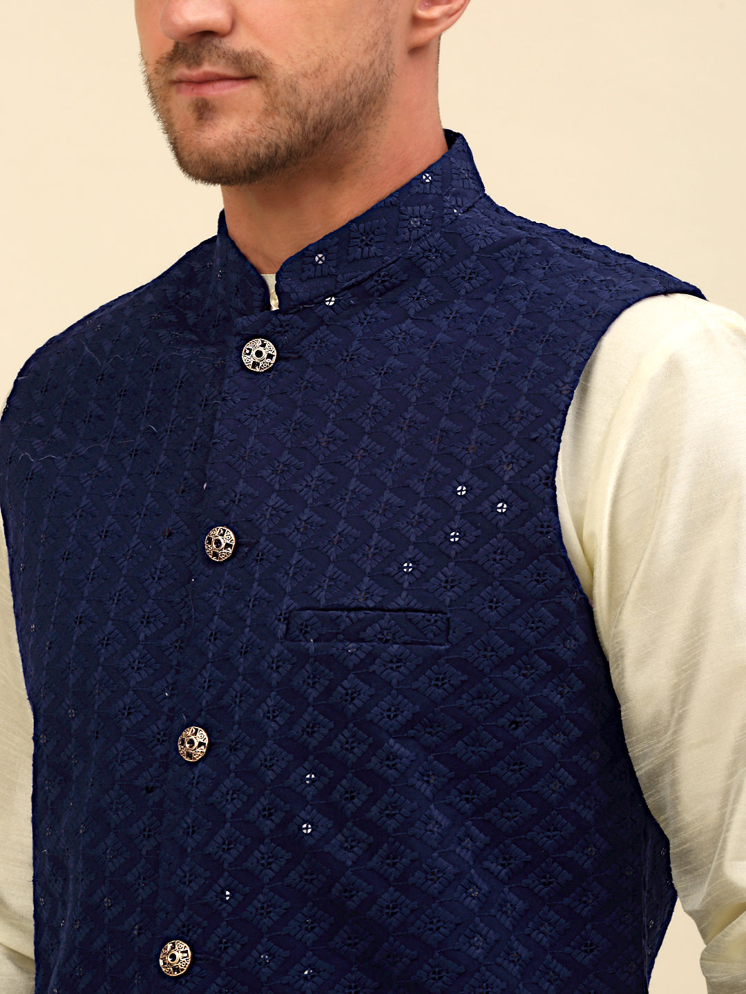 Embroidered and Sequin Nehru Jacket With Solid Kurta Pyjama ( ANMKPWC 110W 7004Navy )