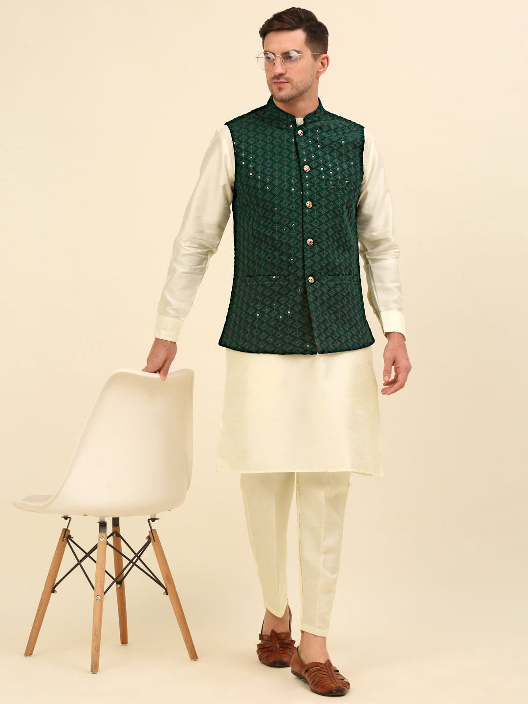 Embroidered and Sequin Nehru Jacket With Solid Kurta Pyjama ( ANMKPWC 110W 7004Olive )