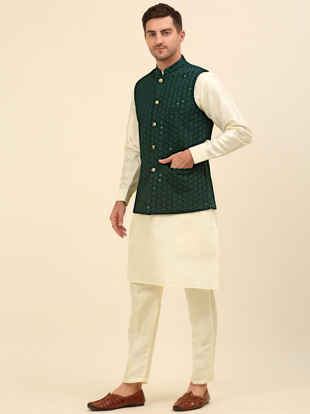 Embroidered and Sequin Nehru Jacket With Solid Kurta Pyjama ( ANMKPWC 110W 7004Olive )