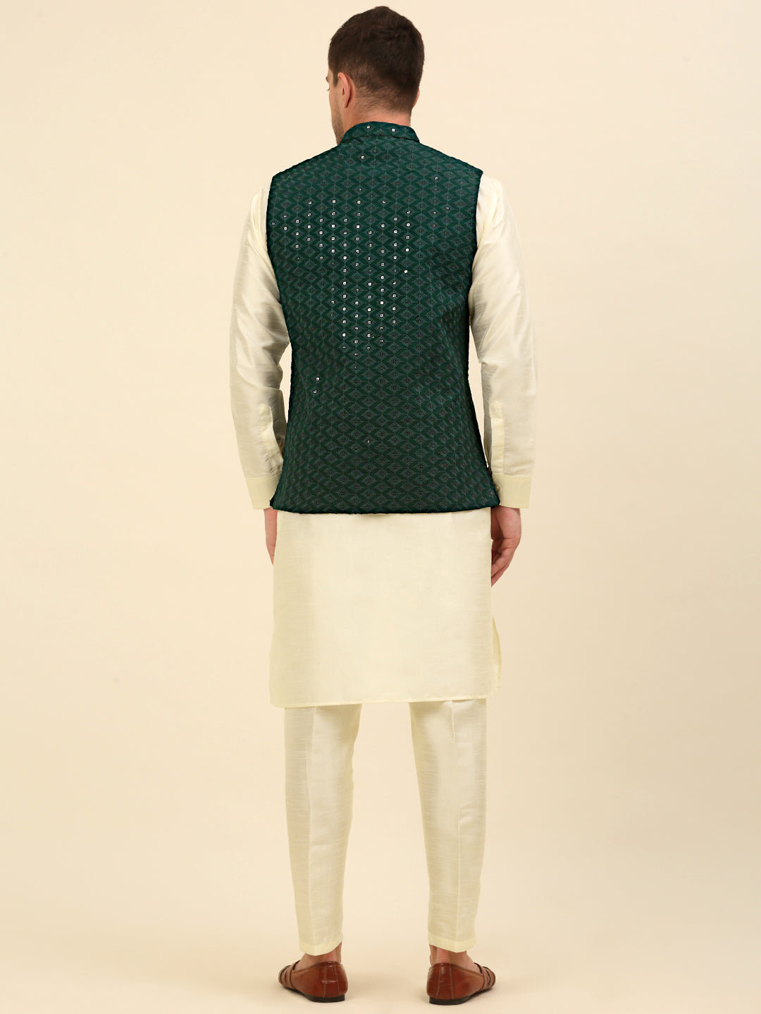 Embroidered and Sequin Nehru Jacket With Solid Kurta Pyjama ( ANMKPWC 110W 7004Olive )