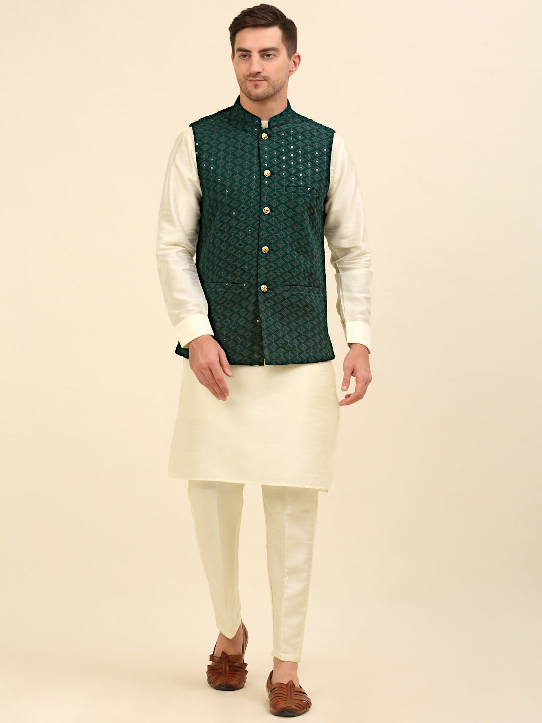 Embroidered and Sequin Nehru Jacket With Solid Kurta Pyjama ( ANMKPWC 110W 7004Olive )