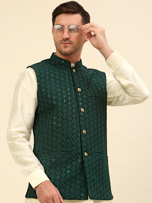 Embroidered and Sequin Nehru Jacket With Solid Kurta Pyjama ( ANMKPWC 110W 7004Olive )