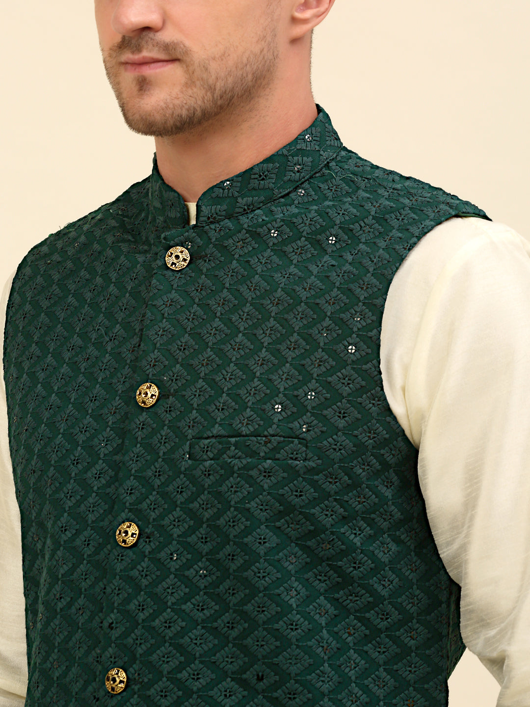 Embroidered and Sequin Nehru Jacket With Solid Kurta Pyjama ( ANMKPWC 110W 7004Olive )