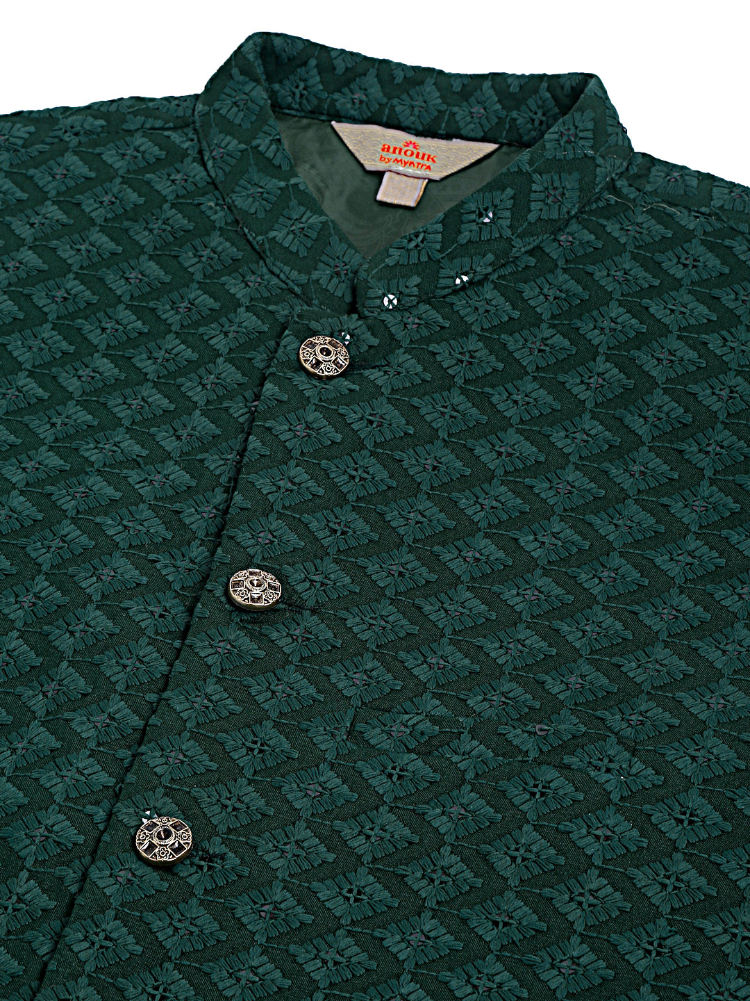 Embroidered and Sequin Nehru Jacket With Solid Kurta Pyjama ( ANMKPWC 110W 7004Olive )