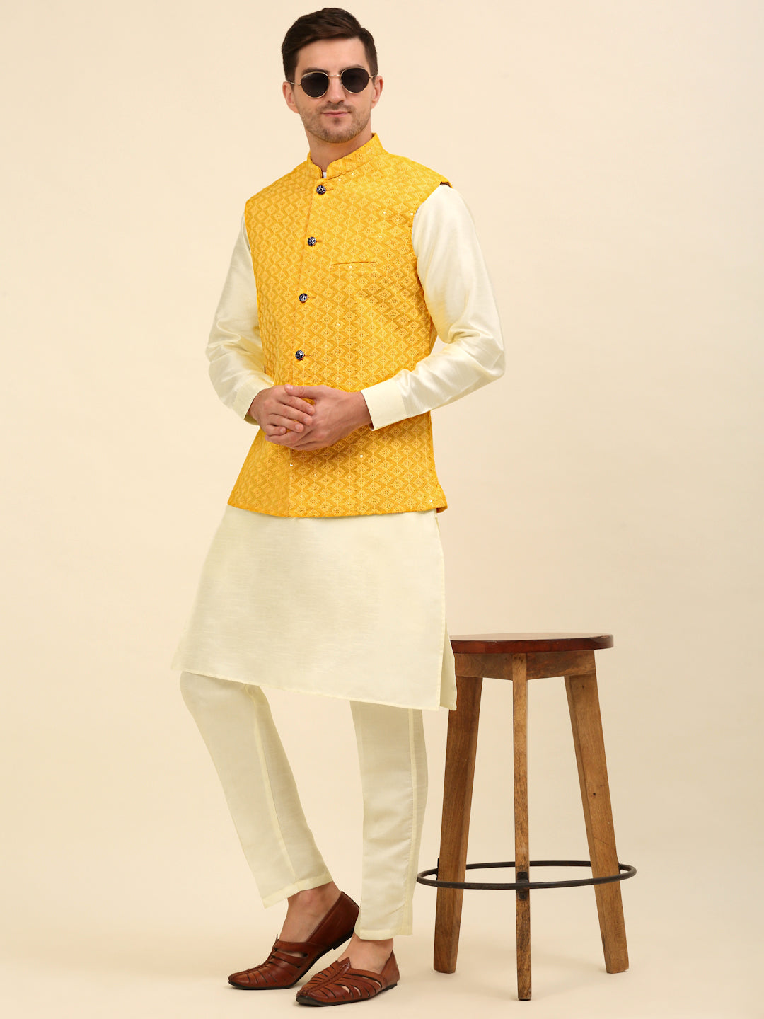 Embroidered and Sequin Nehru Jacket With Solid Kurta Pyjama ( ANMKPWC 110W 7004Yellow )