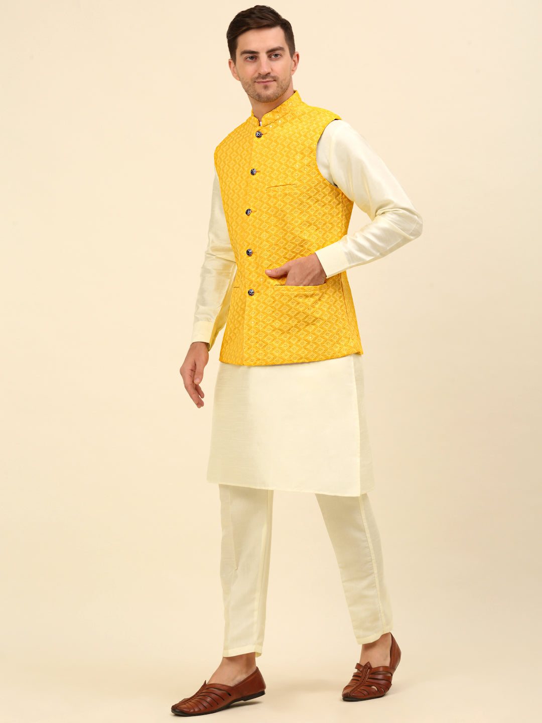 Embroidered and Sequin Nehru Jacket With Solid Kurta Pyjama ( ANMKPWC 110W 7004Yellow )