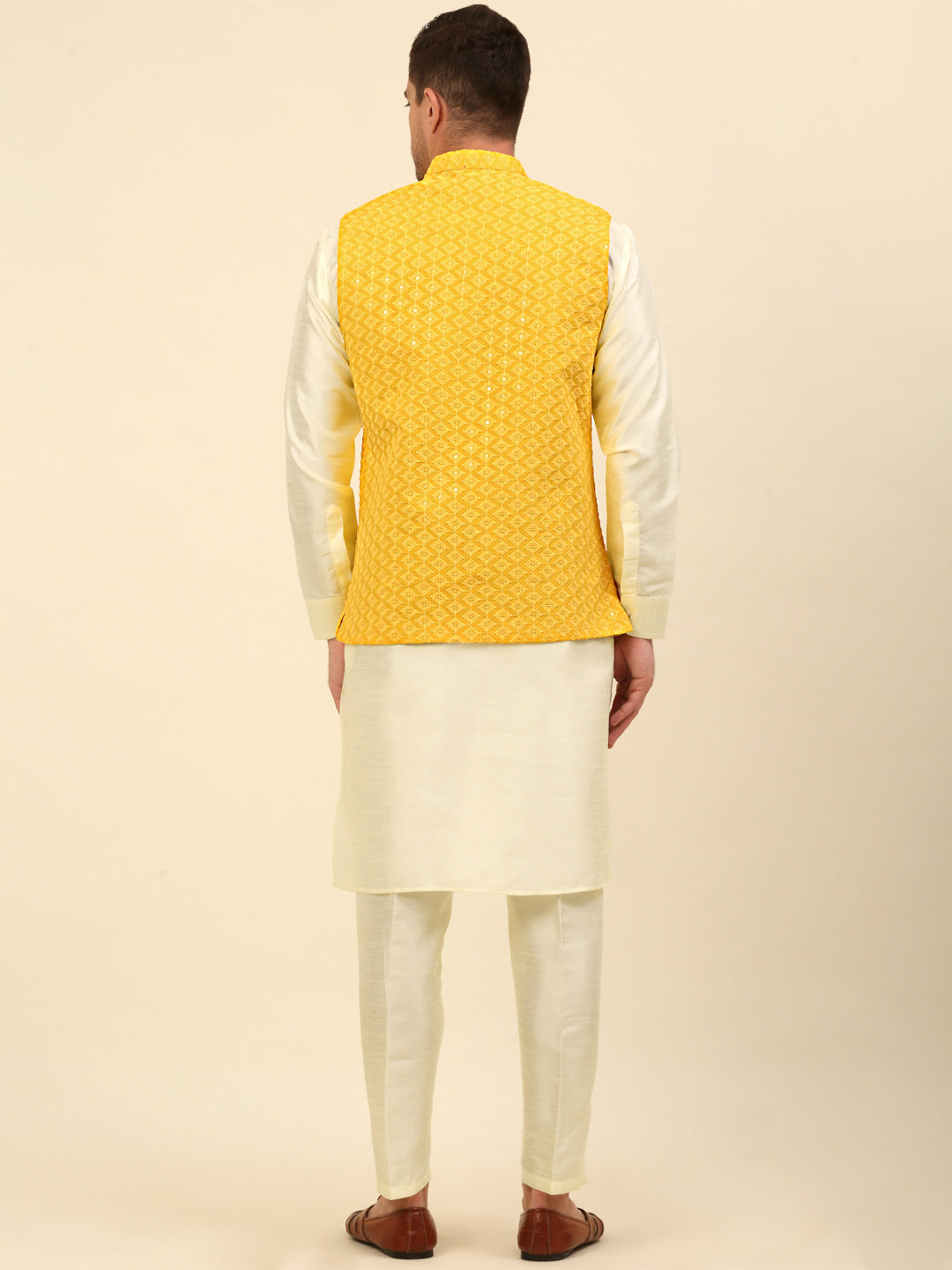 Embroidered and Sequin Nehru Jacket With Solid Kurta Pyjama ( ANMKPWC 110W 7004Yellow )
