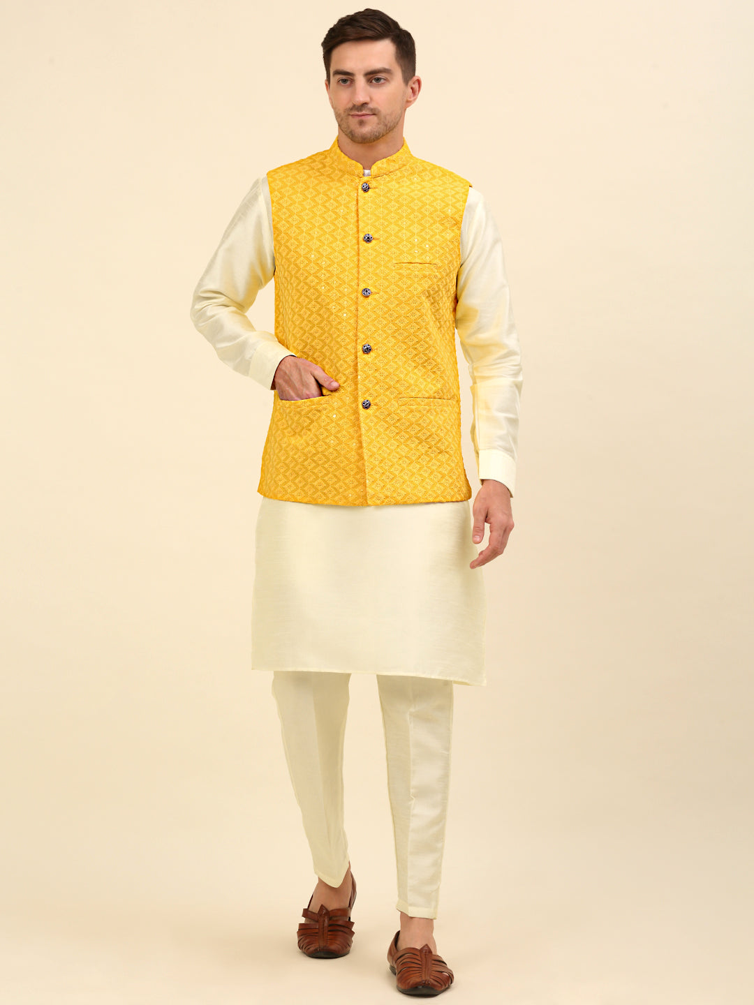 Embroidered and Sequin Nehru Jacket With Solid Kurta Pyjama ( ANMKPWC 110W 7004Yellow )