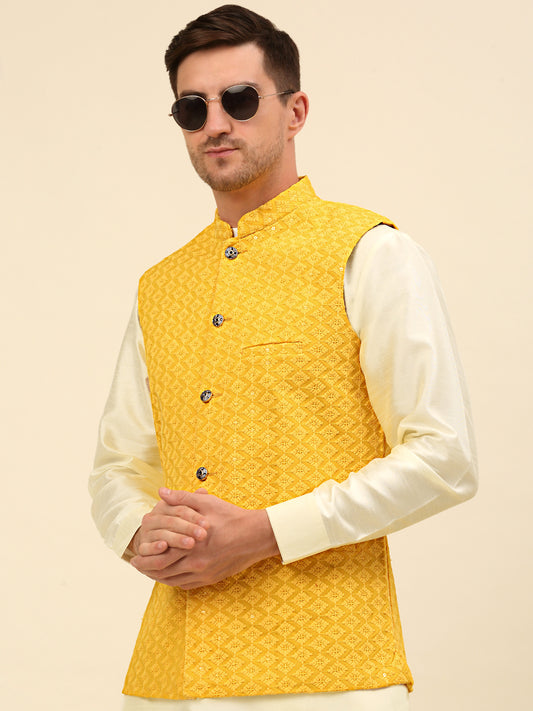 Embroidered and Sequin Nehru Jacket With Solid Kurta Pyjama ( ANMKPWC 110W 7004Yellow )