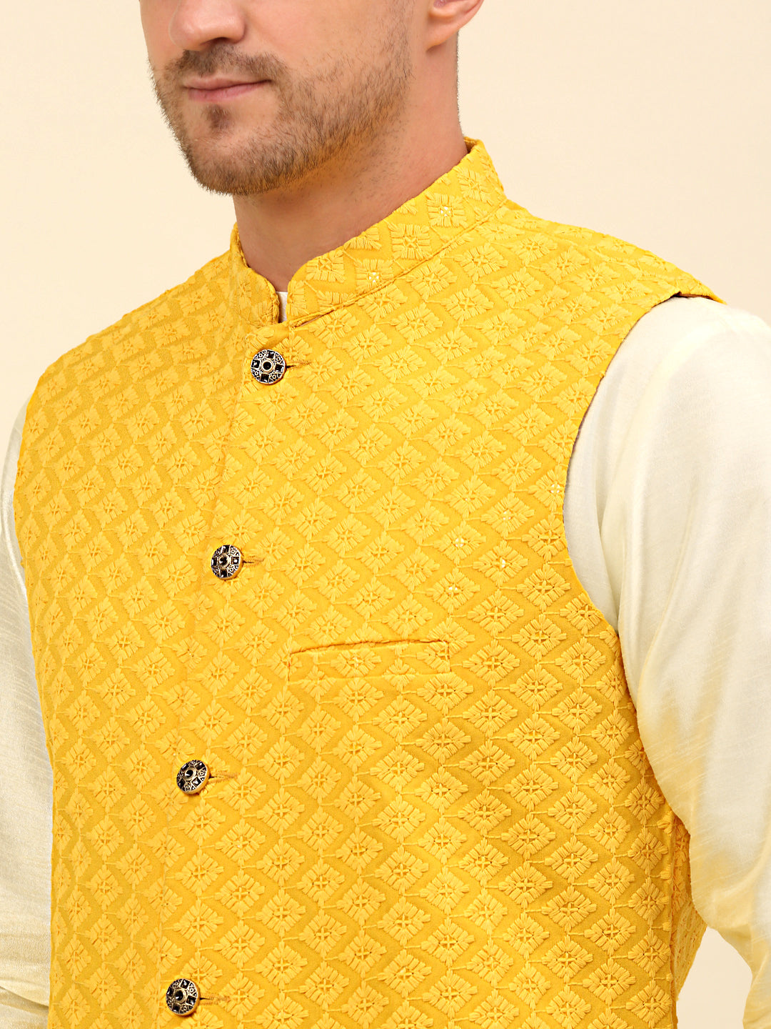Embroidered and Sequin Nehru Jacket With Solid Kurta Pyjama ( ANMKPWC 110W 7004Yellow )