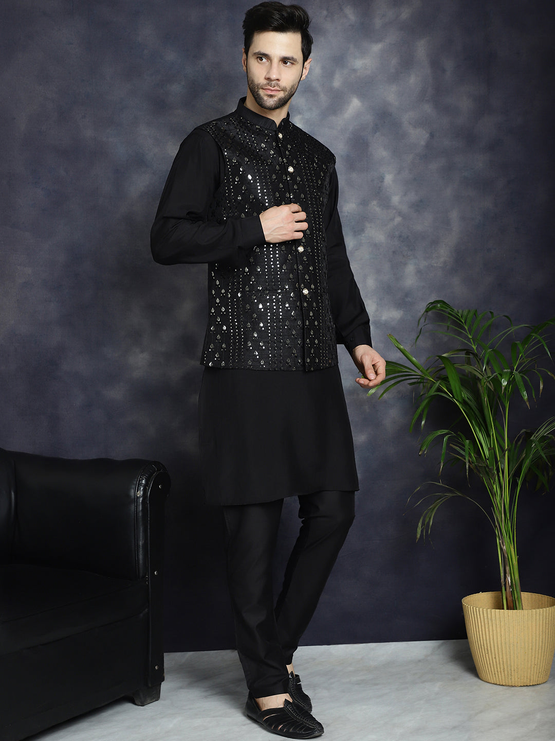 Embroidered and Sequin Nehru Jacket with Solid Kurta Pyjama ( ANMKPWC 592B 7008Black )