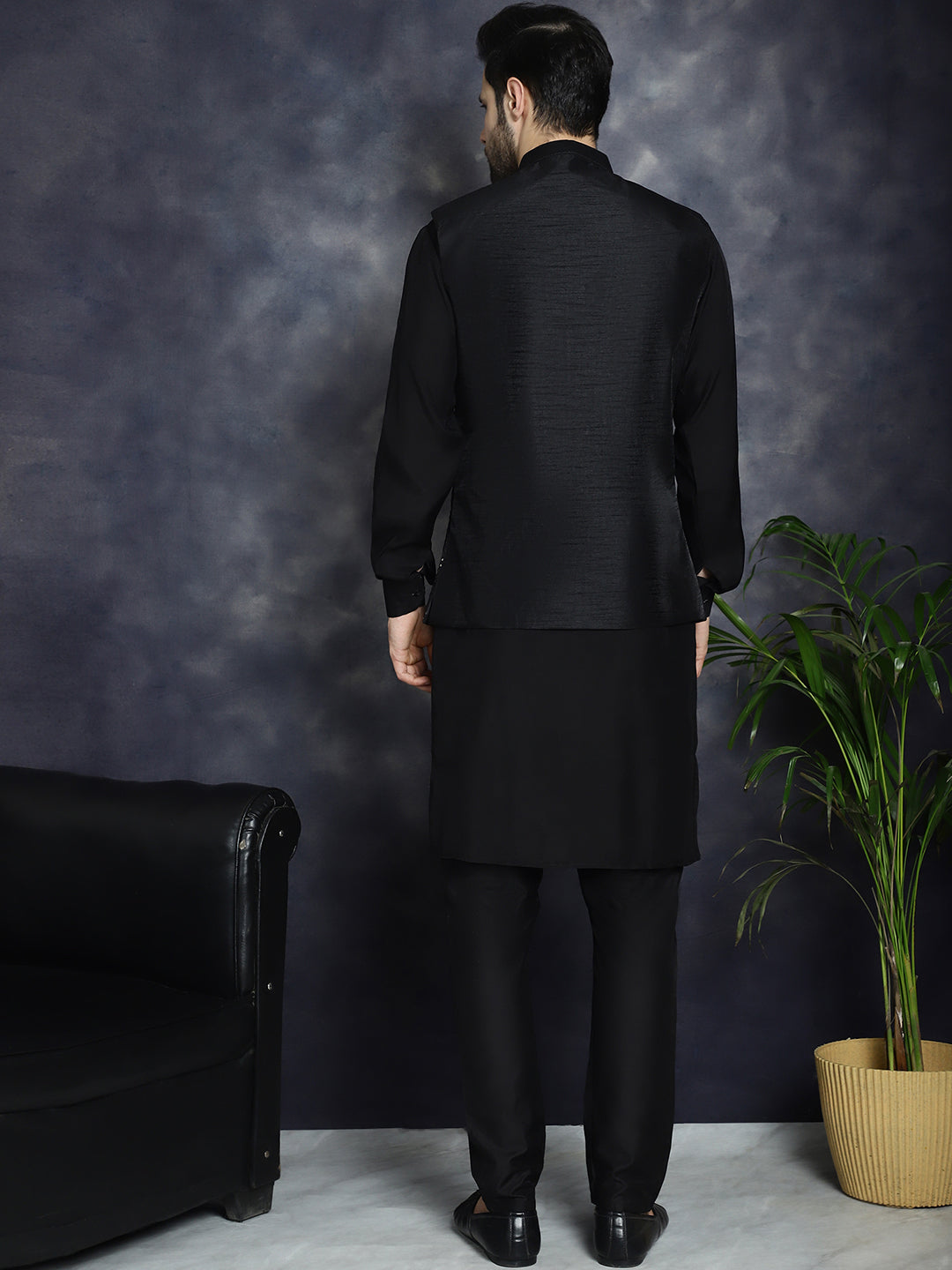 Embroidered and Sequin Nehru Jacket with Solid Kurta Pyjama ( ANMKPWC 592B 7008Black )