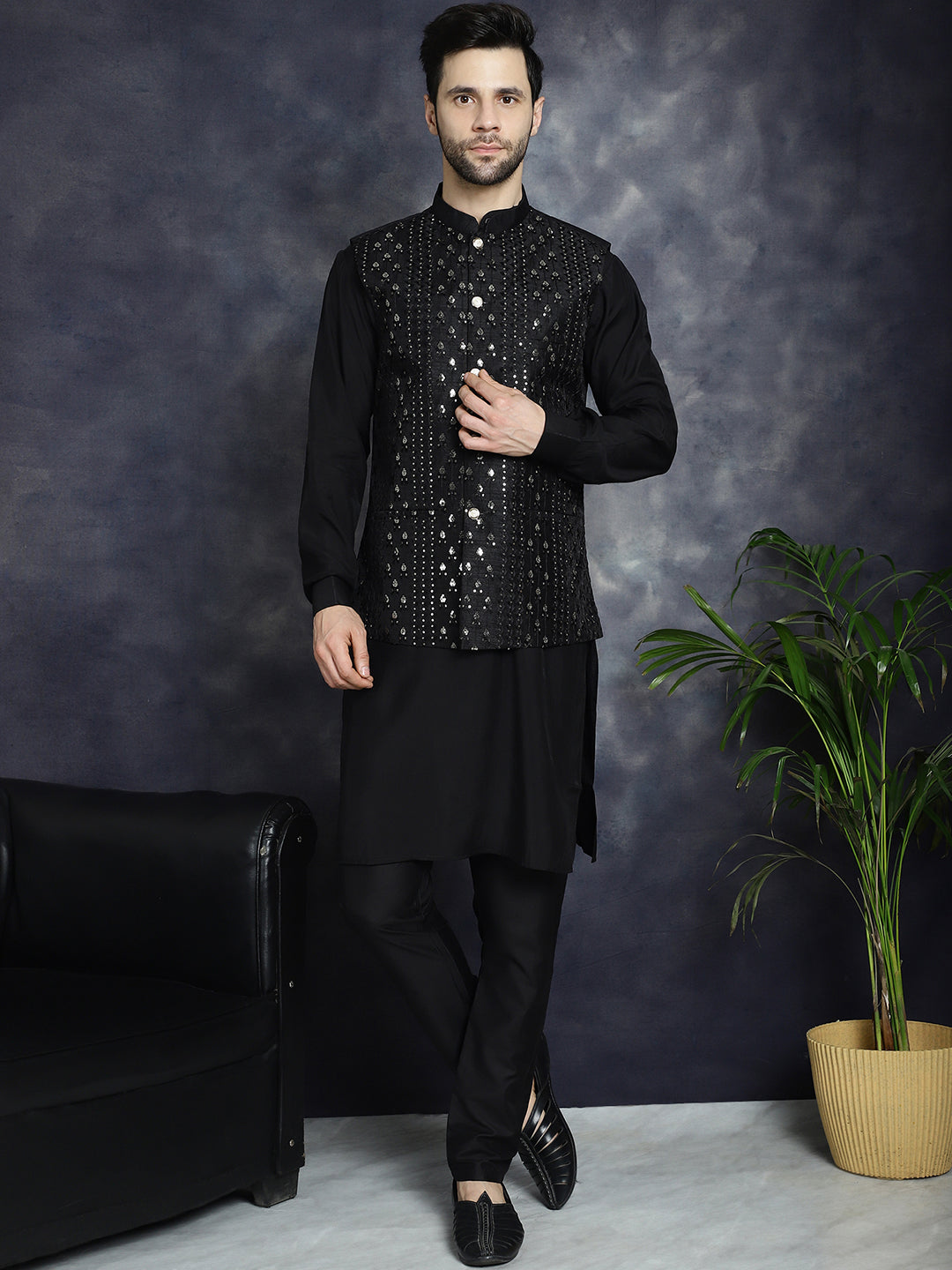 Embroidered and Sequin Nehru Jacket with Solid Kurta Pyjama ( ANMKPWC 592B 7008Black )