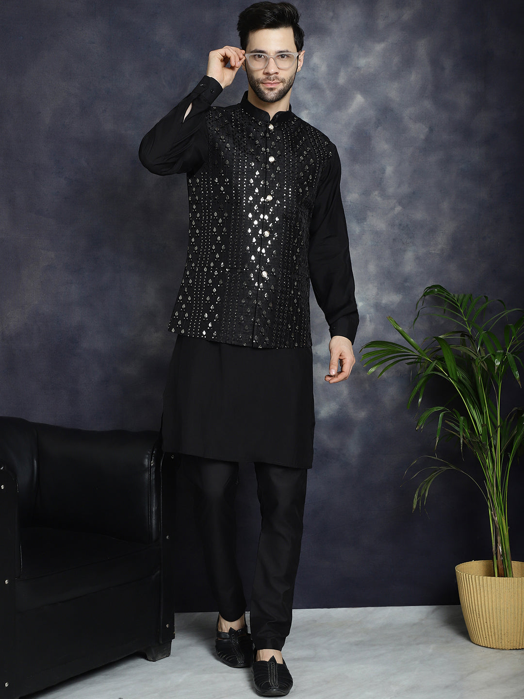 Embroidered and Sequin Nehru Jacket with Solid Kurta Pyjama ( ANMKPWC 592B 7008Black )