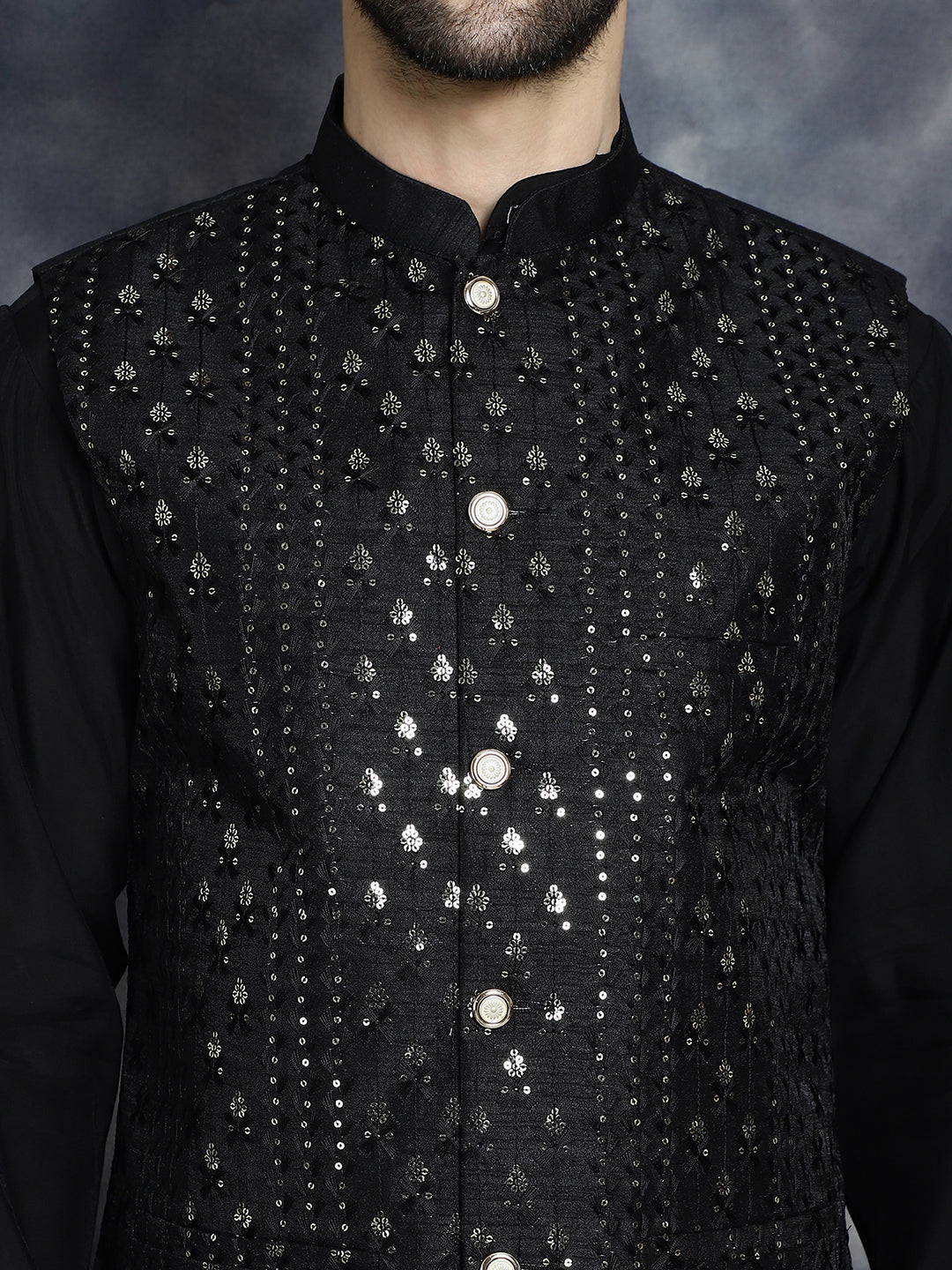 Embroidered and Sequin Nehru Jacket with Solid Kurta Pyjama ( ANMKPWC 592B 7008Black )