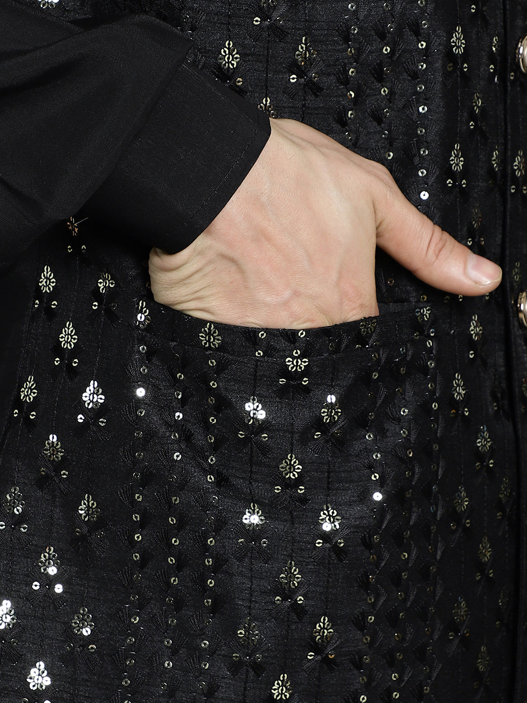 Embroidered and Sequin Nehru Jacket with Solid Kurta Pyjama ( ANMKPWC 592B 7008Black )